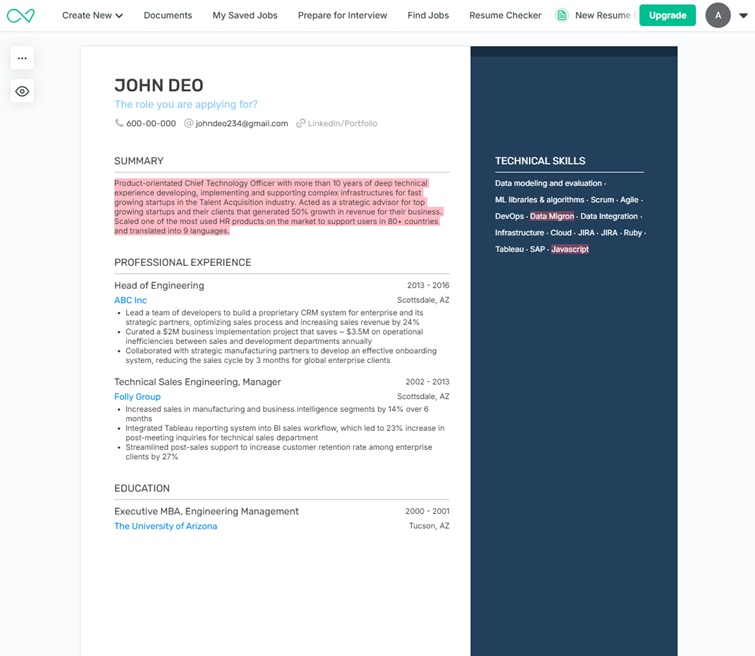 Enhancv resume builder showing modern template designs and AI content suggestions