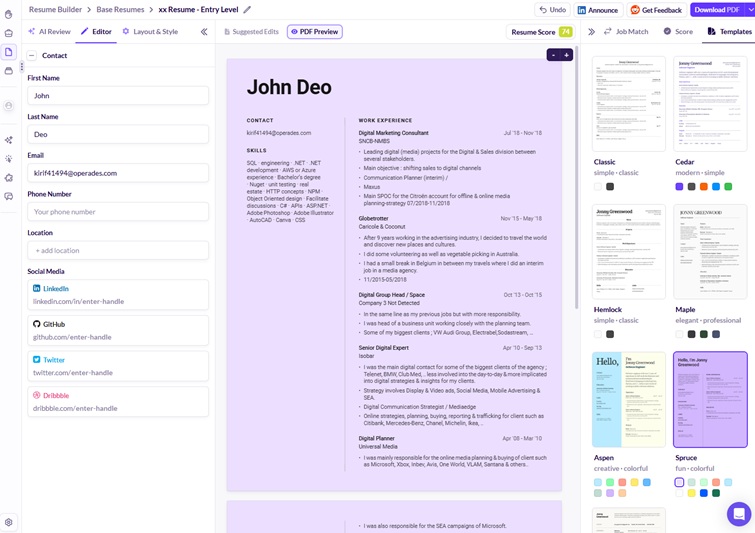 Huntr AI resume builder showing job match scoring and resume tailoring interface