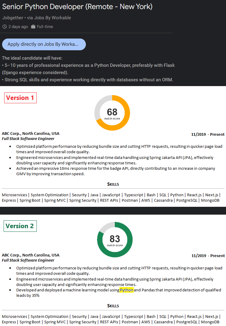Resume job match example: ATS comparison of two resumes